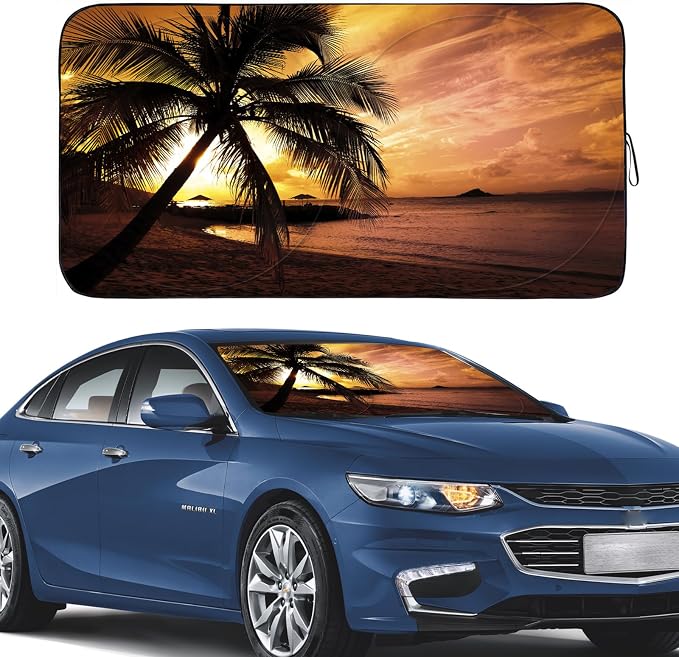 Gven Windshield Sun Shade for Car Front Window Cover Sunshades Visor Automotive Sun Shield for Full-Size Sedan & SUV, Mid-Size SUV, Sports Cars Mid-Size Pickup Truck Car Accessories (Yellow Sunset, L)