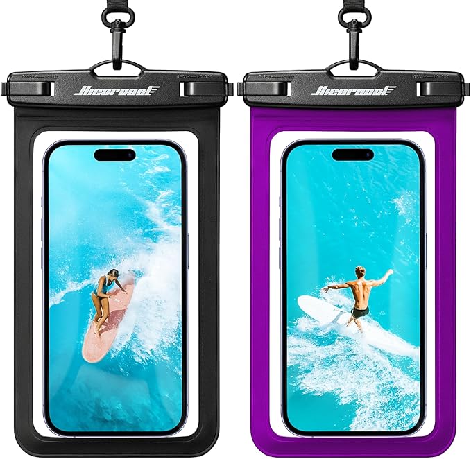 Hiearcool Waterproof Phone Pouch 2 Pack, IPX8 Dry Bag with Lanyard, Touch Screen Compatible for iPhone 17/16/15/14/13 Pro Max, Beach Swimming Cruise Travel-Black & Deep Purple