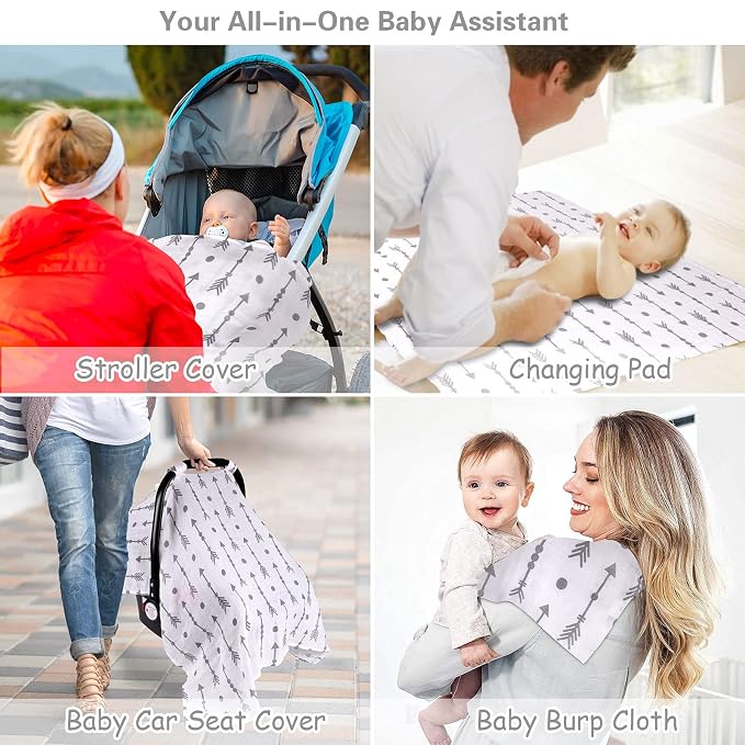 Rquite Car Seat Cover Baby for Boys Girls, 100% Muslin Cotton Infant Carseat Canopy, Soft Breathable Stroller Sun Shade & Newborn Shower Gift, Large Size Universal Fit Summer, Hot & Warm Weather
