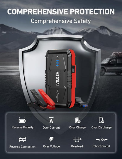 AstroAI S8 Car Battery Jump Starter, Car Jumper Starter Battery Pack for Up to 6.0L Gas & 3.0L Diesel Engines, 12V Portable Jump Box with 3 Modes Flashlight and Jumper Cable (Red)