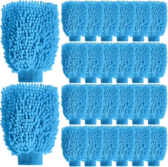 24 Pack Car Wash Mitt Bulk Microfiber, 10'' x 8'' Chenille Car Wash Mitt Gloves, Scratch Free Double Sided No Lint No Marks for Truck SUV and All Vehicle Surfaces (Blue)