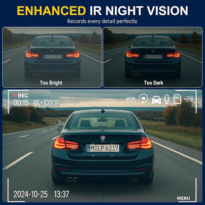 4K Dash Cam Front and Rear Inside,3.16" IPS,3 Channel Dash Cam for Car with 5G WiFi,Free 64GB Card,170° Wide Angle,Loop Recording,G-Sensor,WDR,Night Vision,Time-Lapse,24H Parking Monitor