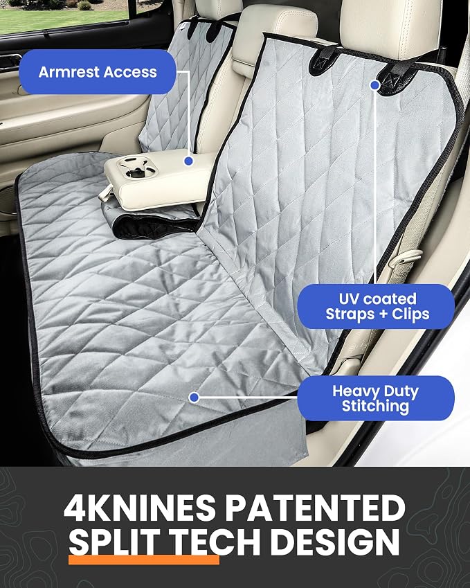 4Knines Dog Seat Cover for Back Seat, Heavy Duty Waterproof Rear Seat Protector for Small Trucks, SUVs, Cars - Fits 60/40 Split Bench with Middle Seat Belt, Non-Slip Dog Backseat Cover (Regular, Camo)