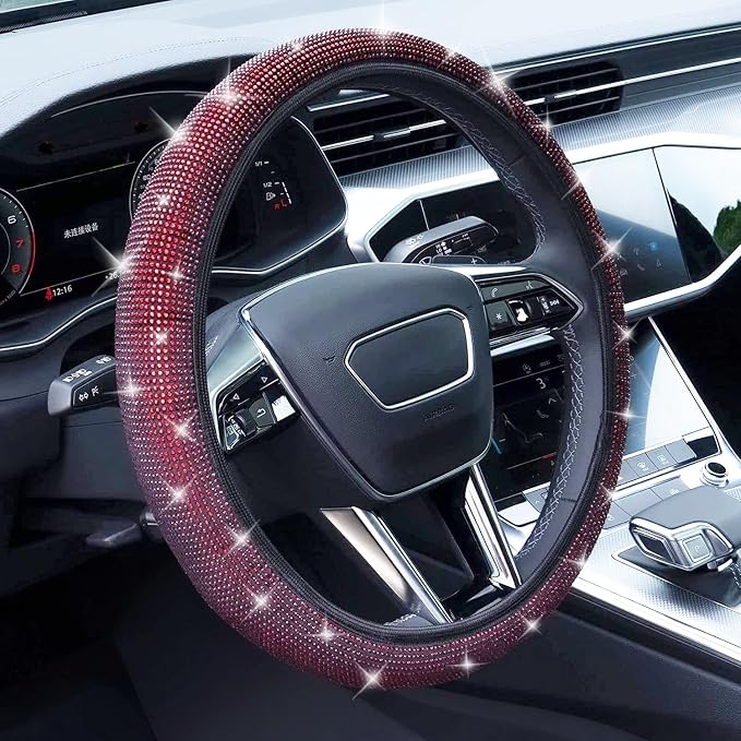 Bling Steering Wheel Cover, Rhinestone Steering Wheel Cover with Crystal Diamond for Women, Sparkling Car Wheel Protector Universal Fit 14-15 inches - Red