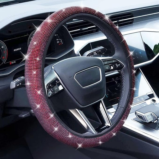 Bling Steering Wheel Cover, Rhinestone Steering Wheel Cover with Crystal Diamond for Women, Sparkling Car Wheel Protector Universal Fit 14-15 inches - Red