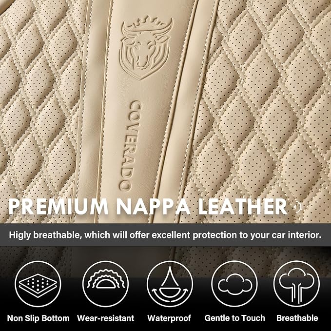 Coverado Front Seat Covers, Car Seat Covers Front Seats, Nappa Leather Seat Covers for Cars, Waterproof Seat Covers with Lumbar Support Universal Fit for Most Cars SUV Trucks (Front, Beige)