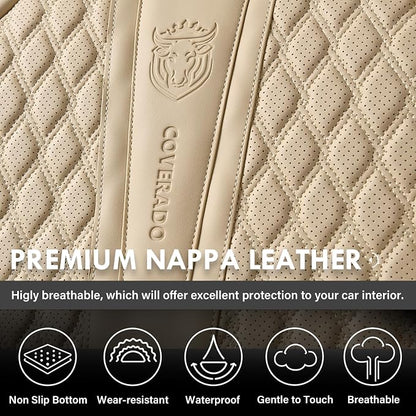 Coverado Car Seat Covers Full Set, Nappa Leather Seat Covers for Car, Waterproof Car Seat Protector with Lumbar Support, Automotive Seat Covers Universal Fit for Most Cars SUV Trucks (Beige)