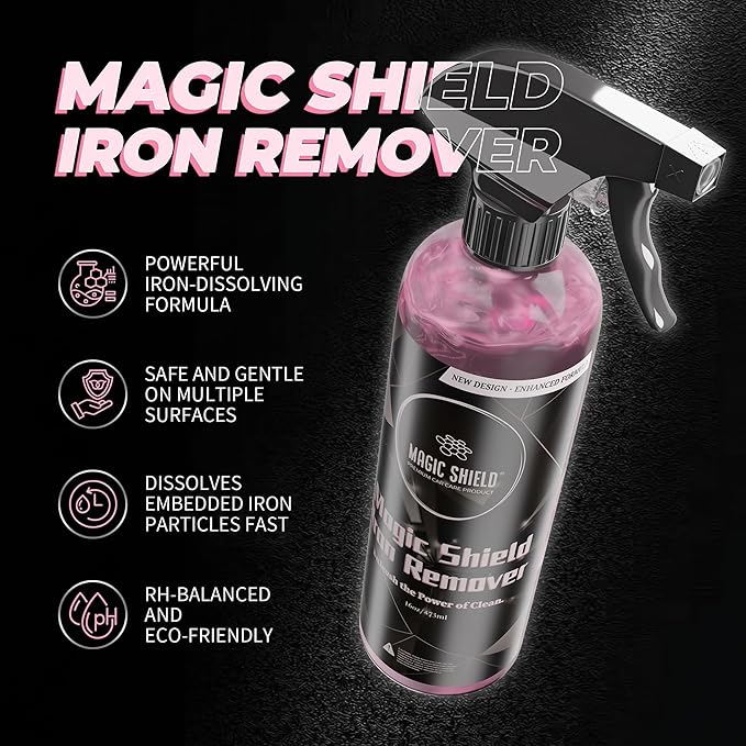 Magic Shield Iron Remover Spray for Cars 16oz - pH-Neutral Iron and Fallout Remover for Car, Motorcycle, RV & Boat | 5-Minute Reaction, Effective on Wheels & Paint | All-In-One Solution