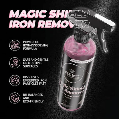 Magic Shield Iron Remover Spray for Cars 16oz - pH-Neutral Iron and Fallout Remover for Car, Motorcycle, RV & Boat | 5-Minute Reaction, Effective on Wheels & Paint | All-In-One Solution