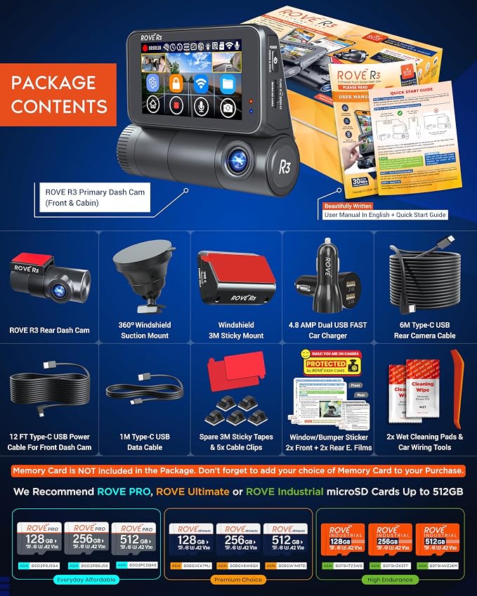 ROVE R3 Dash Cam Front and Rear with Cabin, 3” IPS Touch Screen, 3 Channel Dash Cam 1440P+1080P+1080P, IR Night Vision, 5GHz WiFi, Up to 30MB/s Download Speed, Quad-Mode GPS, Supports 512GB Max