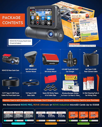 ROVE R3 Dash Cam Front and Rear with Cabin, 3” IPS Touch Screen, 3 Channel Dash Cam 1440P+1080P+1080P, IR Night Vision, 5GHz WiFi, Up to 30MB/s Download Speed, Quad-Mode GPS, Supports 512GB Max
