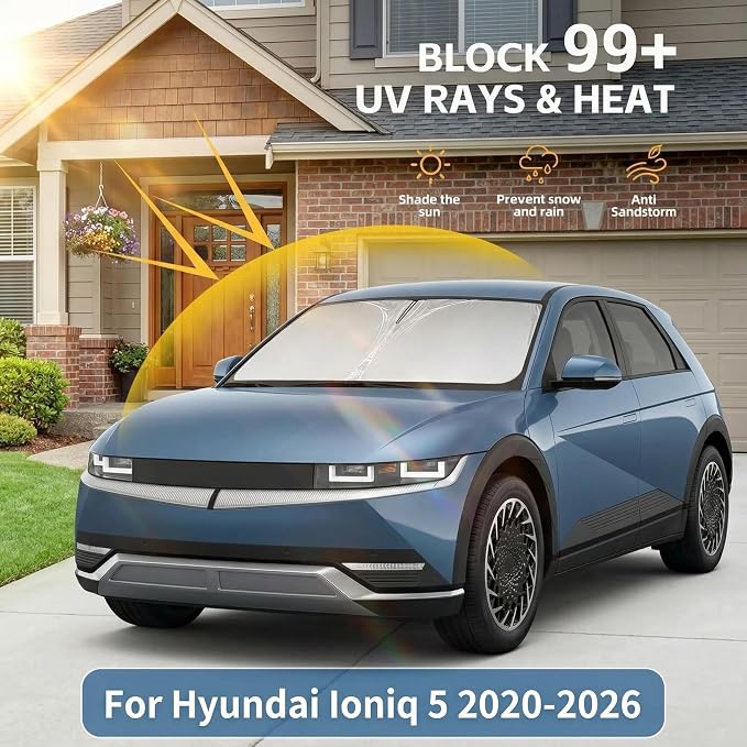 Windshield Sun Shade for Hyundai Ioniq 5 2020-2024 2025 2026 -Front Window Shade Custom Fit Ioniq 5 Accessories Sun Visor Foldable Shade Blocks UV Rays Summer Must Have Car Accessories