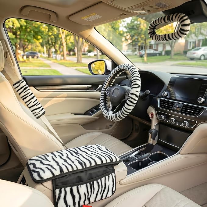 5 Pcs Fuzzy Animal Print Car Accessories Set, Soft Fluffy Plush Steering Wheel Cover, Center Console Armrest Pad & Rearview Mirror Cover - Interior Decorations for Women,Universal Fit (Zebra Print)