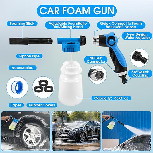 36Pcs Blue Car Wash Detailing Kit，Car Cleaning Set with Foam Gun Sprayer，Long-Handle Brush Mop，Large Collapsible Bucket，Complete Car Wash Supply Gift for Men and Women