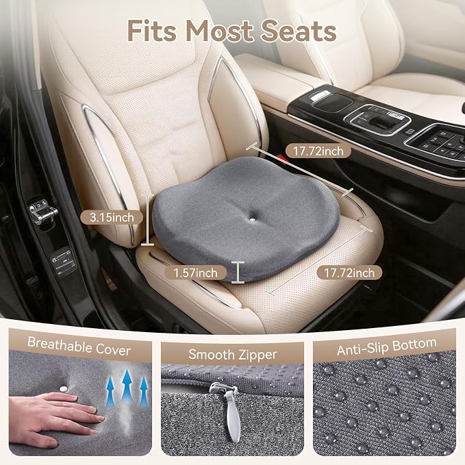 Memory Foam Seat Cushion with Pressure Relief for Office Chair, Car, Wheelchair, and Sofa, Doctor Recommended Orthopedic Cushion for Tailbone Pain, Sciatica, Hip Back Support, Non Slip, Grey