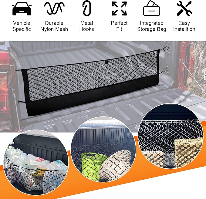 Truck Cargo Net for Chevy Colorado & GMC Canyon 2023-2025 Accessories, Envelope Style Pickup Cargo Net with Storage Bag, Heavy Duty Elastic Mesh Organizer with Carabiners, Secures Groceries & Gear