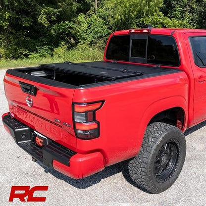 Rough Country Hard Tri-Fold Flip Up Truck Bed Tonneau Cover for Nissan Frontier (2022-2025) - Fits 5' (58.9-59.5") Bed, All-Weather, Flush Aluminum Panels