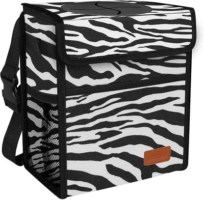 Femuar Car Trash Can with Lid - Leak Proof, Waterproof, Zebra Stripe, SUV Multipurpose Car Hanging for Headrest, Collapsible, Portable with Storage Mesh Pocket