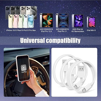 Car Carplay Cable for iPhone 17 16 15 Pro Plus Pro Max Air，3-Pack [3.3FT+3.3FT+6FT] USB A to USB C Cable for iPhone 17 16 15，for iPad Pro/Air/Mini，for Galaxy S25 S24，for MacBook Pro/Air and More