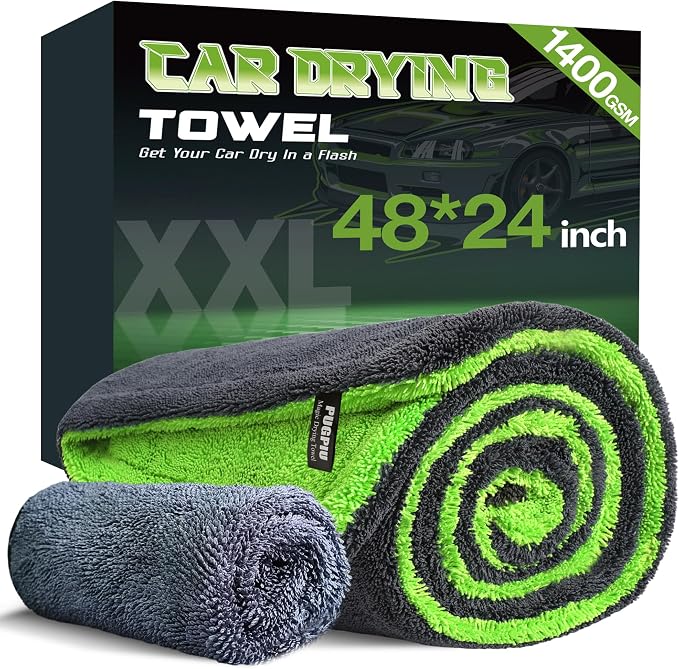 PUGPIU Microfiber Car Drying Towel Extra Large Super Absorbent 48"X24", 1400 GSM Flash Detail Car Wash Drying Towel Edgeless with Two Sided Soft Twisted-Loop, No Water Spots Streaks for Cars (Green)