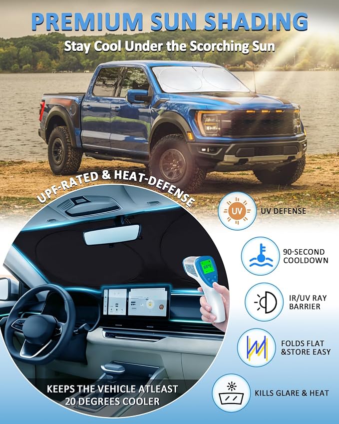 Sun Shade for F150 Windshield Sunshade for 2021-2024 2025 2026 Ford F-150 Lariat, King Ranch, Platinum, XL XLT Limited Raptor Front Window Cover Shield Visor Protector Keep Interior Cool