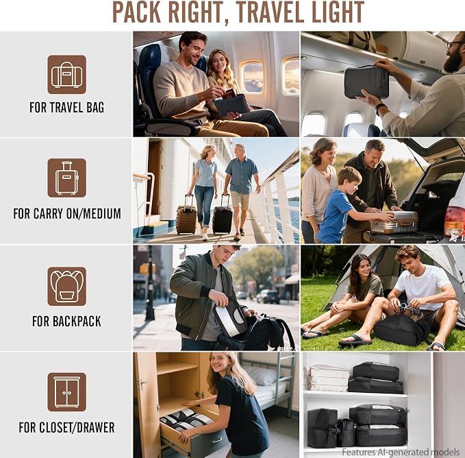 Veken 10 Set/8 Set Packing Cubes for Travel Essentials,Anti-Wrinkle Buckled Suitcase Organizer for Shoe & Toiletry Bag,Carry On Luggage Bag for Airplane & College Dorm Room Accessories,Women Men Gifts