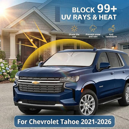 Windshield Sun Shade for Chevy/Chevrolet Tahoe 2021-2024 2025 2026 Front Window Shade Custom Fit Tahoe Accessories Sun Visor Foldable Shade Blocks UV Rays Summer Must Have Car Accessories