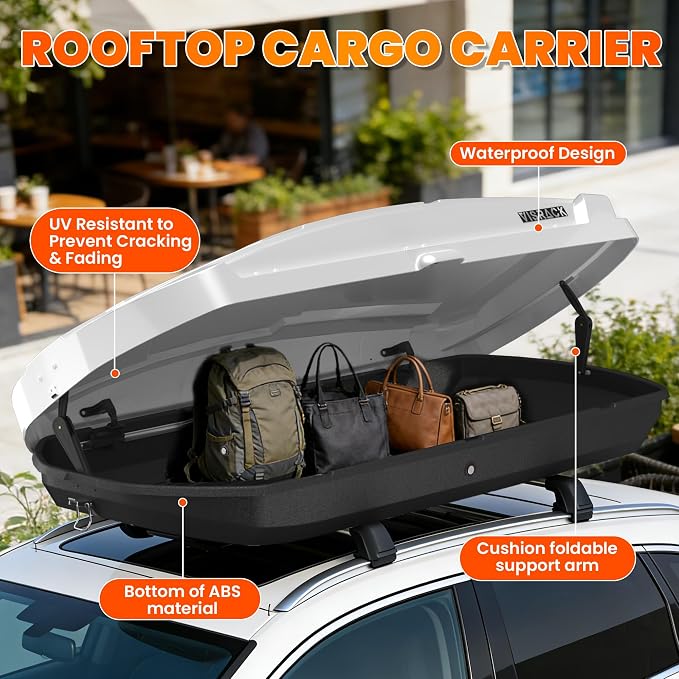 21 Cu Ft Cargo Box, Hard Shell Roof Cargo Carrier with Security Keys, 72.83" x 34.25" x 14.76" Roof Box, Dual-Sided Opening, Tool-Free Install, White