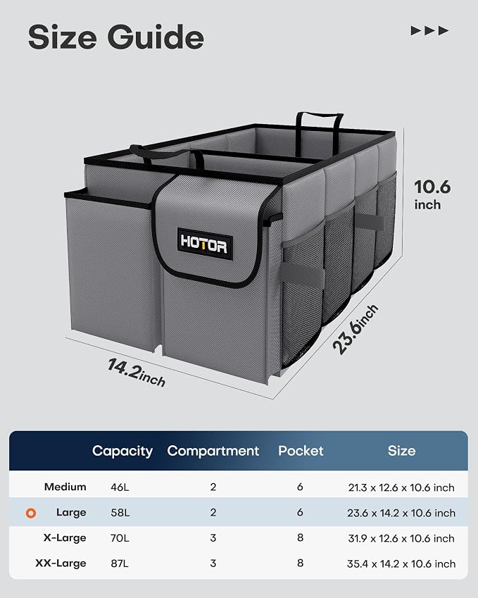 HOTOR Trunk Organizer for Car - Car Organizer, Foldable Trunk organizer for SUVs & Sedans, Sturdy Organization for Car Accessories, Tools, Sundries, Grey, 2 Compartments, 23.6"×14.2"×10.6"