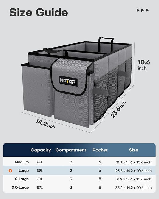 HOTOR Trunk Organizer for Car - Car Organizer, Foldable Trunk organizer for SUVs & Sedans, Sturdy Organization for Car Accessories, Tools, Sundries, Grey, 2 Compartments, 23.6"×14.2"×10.6"