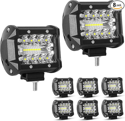 8PCS LED Pods, 4 Inch 60W LED Light Bar, 4PCS Spot Flood Combo Off Road Light Triple Row LED Work Light 6000LM Driving Fog Lamps for Pickup Truck Jeep ATV UTV SUV Boat Light