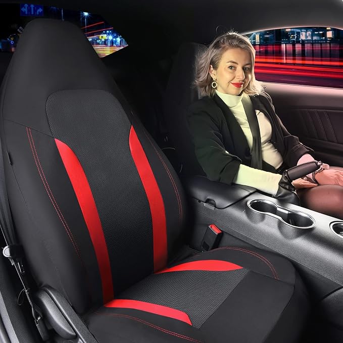 CAR PASS Bucket Car Seat Cover, Breathable 3D Air Mesh-100% Sporty Fabric Front Seats, Airbag Compatible, Universal Fit Automotive SUV Truck Sedan Vans Women, High Back Two Front 2 Piece, Black Red