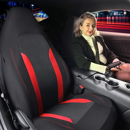 CAR PASS Bucket Car Seat Cover, Breathable 3D Air Mesh-100% Sporty Fabric Front Seats, Airbag Compatible, Universal Fit Automotive SUV Truck Sedan Vans Women, High Back Two Front 2 Piece, Black Red