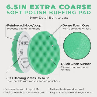 TCP Global 6.5" Green Waffle Foam Buffing Pad Hook and Loop Backing - Soft Pad for Polishing, Automotive, Marine, Truck, RV & Compound Cutting, Car Polishing Pads