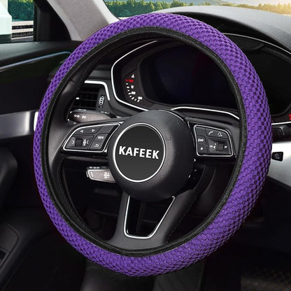 KAFEEK Elastic Stretch Steering Wheel Cover 15 Inch, Breathable Ice Silk Microfiber, Non-Slip Grip, Warm in Winter and Cool in Summer, Odorless, Car Accessories Fit Cars, SUVs, Purple