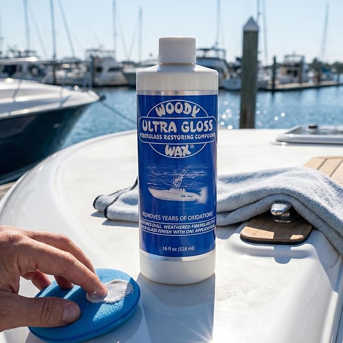 Woody Wax Ultra Gloss Restoring Compound, Professional-Grade Fiberglass Restoration & Oxidation Remover for Boats & Yachts, Diminishing Micro-Abrasive Formula for High Gloss Gel Coat Finish, 16 oz
