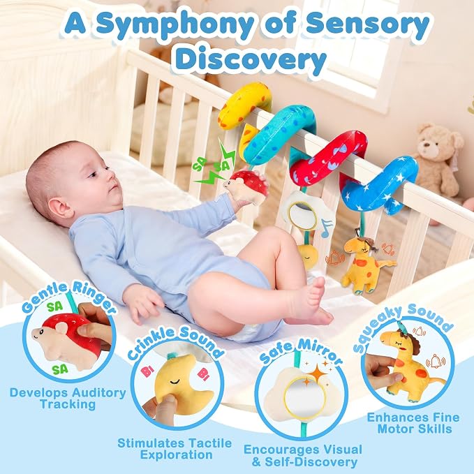 URMYWO Spiral Car Seat Toys for Babies 0-6 Months, Newborn Toys & Infant Toys, 3 Month Baby Toys, Toddler Travel Toys, Sensory Hanging Stroller Toy with Crinkle Mirror, Shower Gifts Essentials