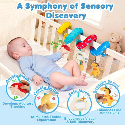 URMYWO Spiral Car Seat Toys for Babies 0-6 Months, Newborn Toys & Infant Toys, 3 Month Baby Toys, Toddler Travel Toys, Sensory Hanging Stroller Toy with Crinkle Mirror, Shower Gifts Essentials