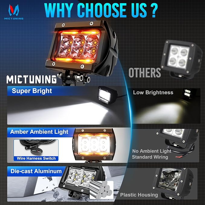 MICTUNING K1 LED Light Pods with Amber DRL 4 Inch, 36W Spot Off Road Lights Super Bright Driving Fog Light 1800LM IP68 Waterproof with Wire Harness for Trucks Motorcycle ATV UTV SUV Car Boat, Pair