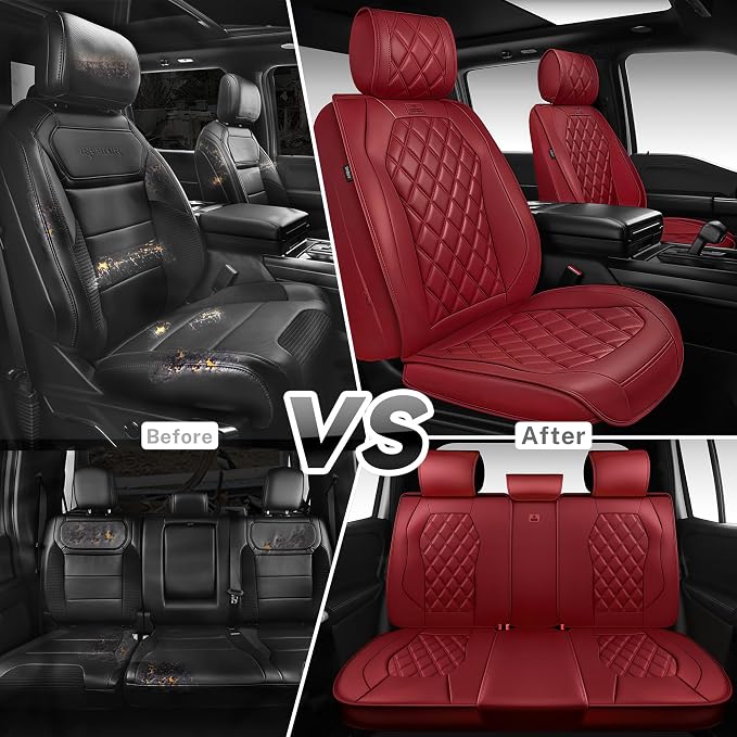 CAR PASS Luxury Nappa Leather Seat Covers Full Set, 3D Rhombus Waterproof Faux Leather Seat Covers, Premium Automotive Seat Cushion Universal Fit for Sedan SUV Truck Van,Airbag Compatible Burgundy Red