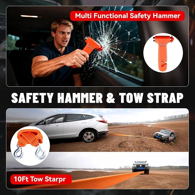 15PC Car Emergency Kit with Jumper Cables, Roadside Assistance Safety Kit for Auto & Truck, Includes Safety Hammers, Tow Strap, Warning Triangle, First Aid, Gifts for Young Men or Women, Black