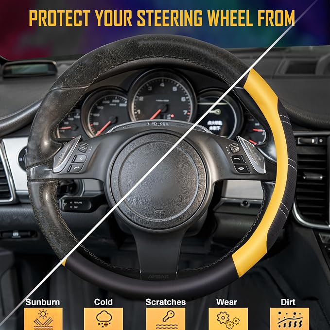 CAR PASS Line Rider Microfiber Leather Sporty Steering Wheel Cover Universal Fits for 95% Truck,SUV,Cars,14.5-15inch Anti-Slip Safety Comfortable Desgin (Black-Yellow)