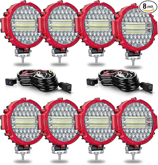 7 Inch Round LED Offroad Light Bar 201W 15000LM Off Road Driving Work Light Pod Flood Beam Pod Lights with Wiring Harness for Pickup Trucks SUV ATV UTV Tractor, 8PCS