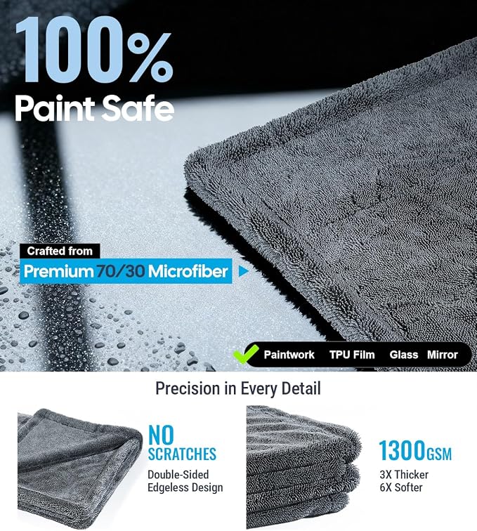 Wigoo Microfiber Car Drying Towels 36" x 24" [1300GSM Ultra-Absorbent, No Streaks & Scratches] Dual-Sided Edgeless Cleaning Towel with Twisted Loop, for Auto Detailing, Car, SUV, Truck (3-Size Set)