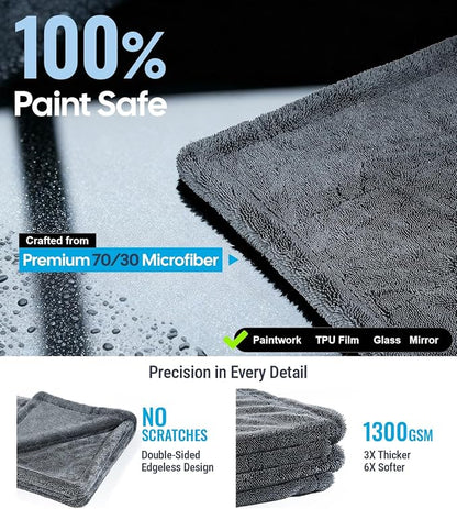 Wigoo Premium Microfiber Car Drying Towel 1300 GSM, 36" x 24" [Ultra-Absorbent, Streak-Free] Dual-Sided Edgeless Cleaning Towels with Twisted Loop, for Auto Detailing, Cars, SUV, Truck (2 Sizes)