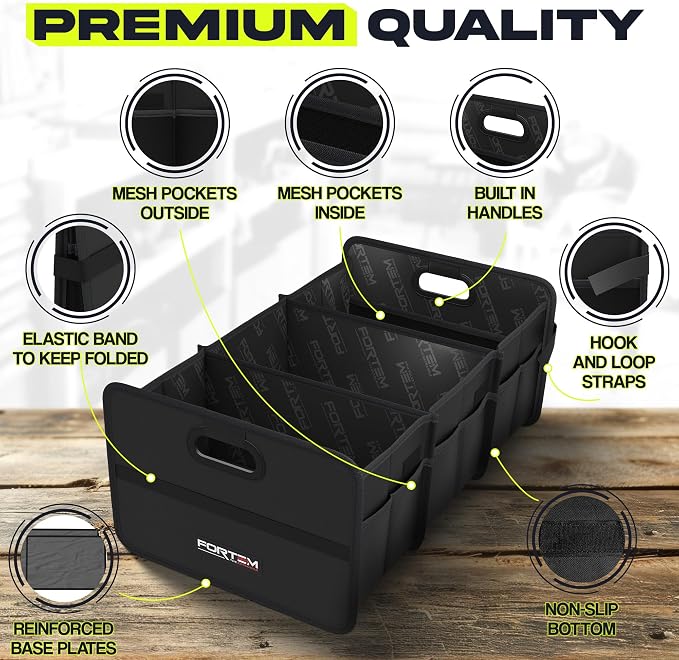 FORTEM Car Trunk Organizer, Collapsible Two Compartment Organizer, Foldable SUV & Truck Storage for Car Accessories for Women Men, Non Slip Bottom, Sturdy Side Walls, Strong Handles, 75L