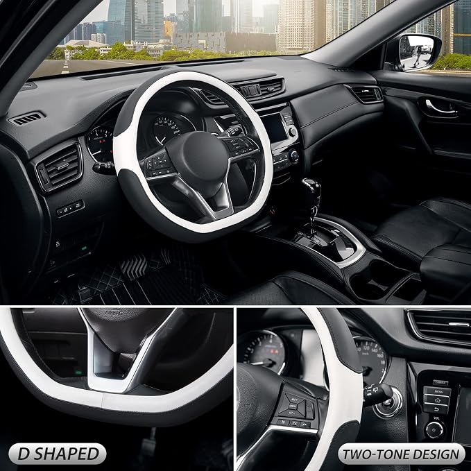 SEG Direct Flat Bottom Steering Wheel Cover, D Shaped Car Wheel Cover 14 1/2-15 in. (37-39 cm), Black White Microfiber Leather