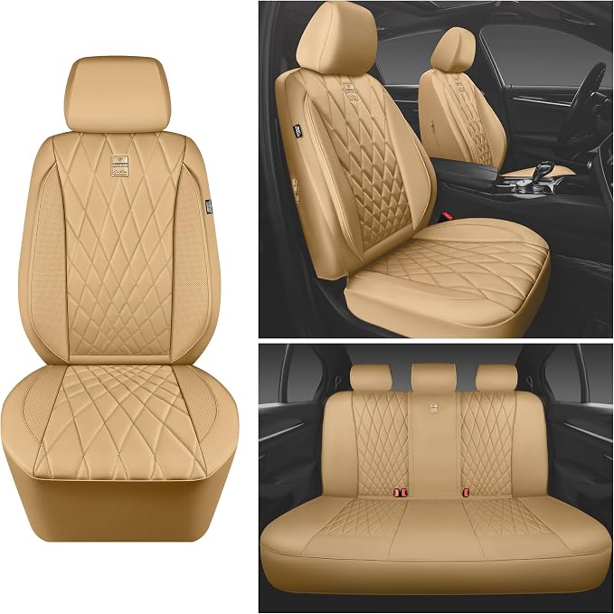 CAR PASS Piping Luxury Leather Seat Covers Full Set,5 Seats Leatherette Anti-Slip Waterproof Seat Covers Compatible with Front Armrests,Universal Fit for Suvs,Vans,Trucks,Airbag Compatible,Pure Beige