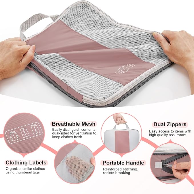 OlarHike 10-Pack Compression Packing Cubes for Travel Essentials,Compressible Expandable Packing Cubes for Suitcase,Luggage Garment Bags for Travel,Handy Helper for Organizing Clothes(Light Coral)
