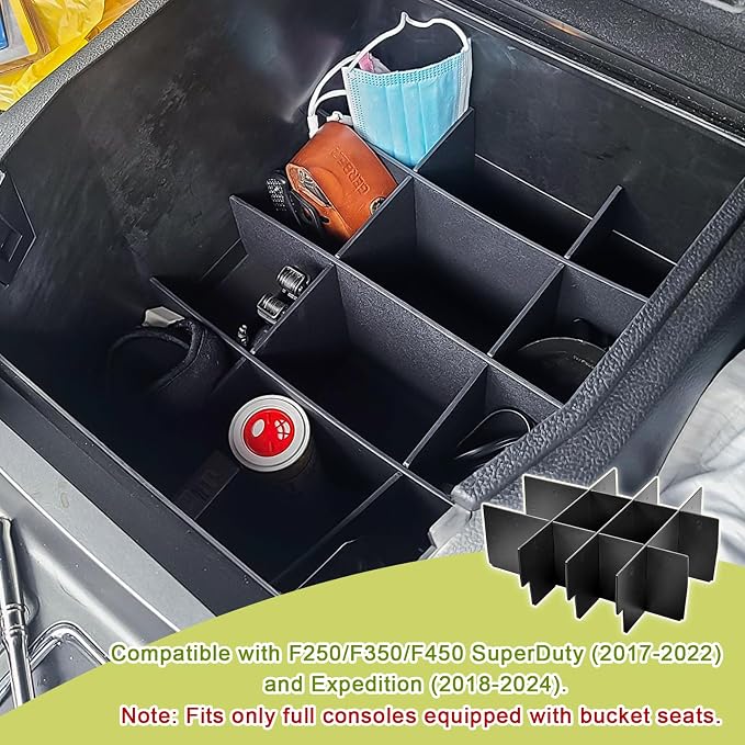 HGWEI Center Console Organizer Compatible with Ford F250/F350/F450 (2017-2022) and Expedition (2018-2024) Interior Accessories Armrest Storage Box Insert Tray, Black(Full console w/bucket seats ONLY)